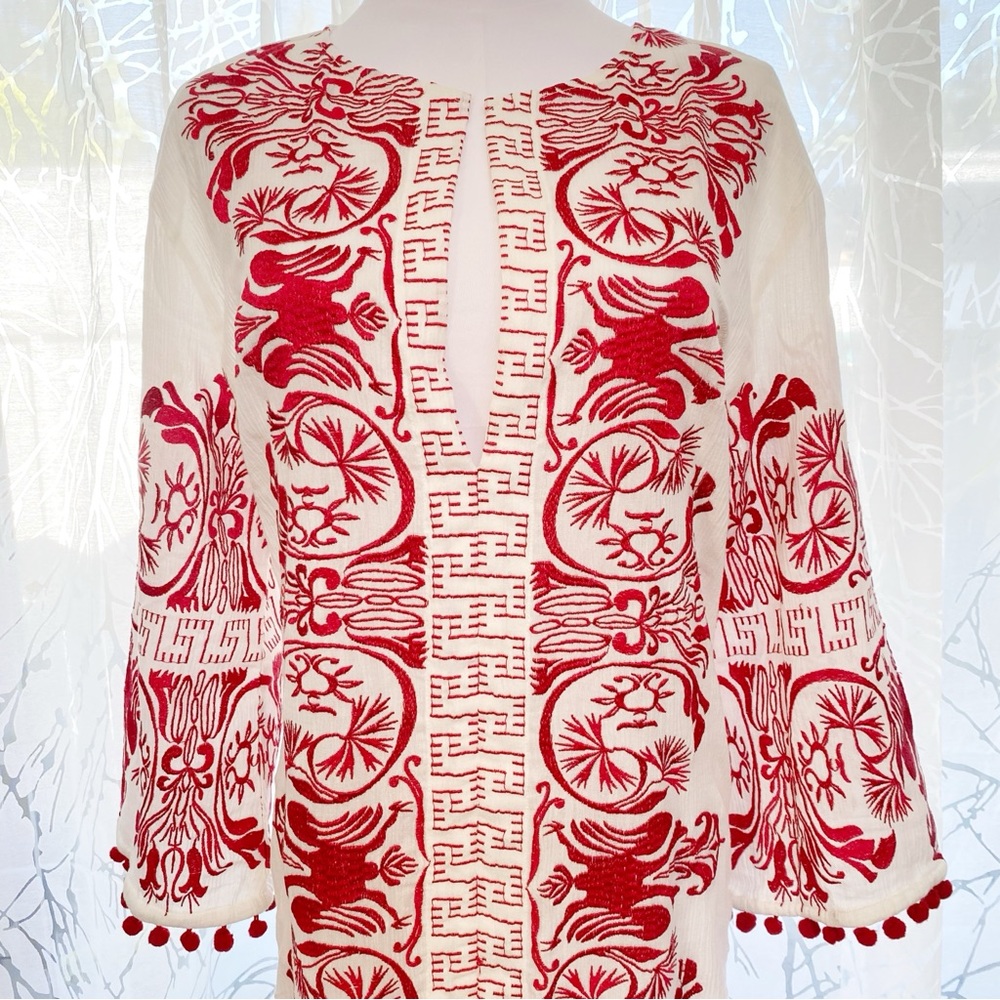 MISA WHITE RED EMBROIDERED SEVA CALIA POM POM TRIM TUNIC MAXI DRESS - Picture 3 of 11